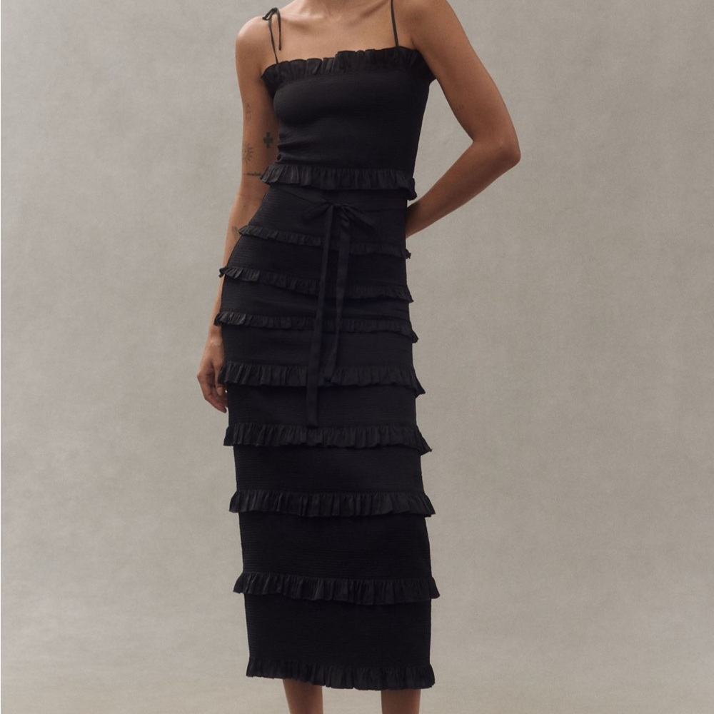 V. Chapman Black Ruffled Sheath Midi Dress